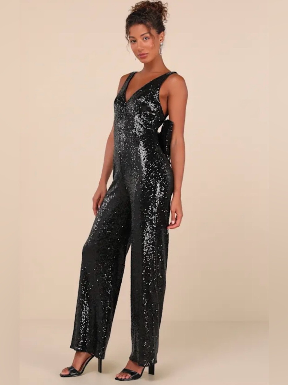 Lulus NWT Feeling Sparkly Black Sequin Wide Leg Jumpsuit No Bow Size L